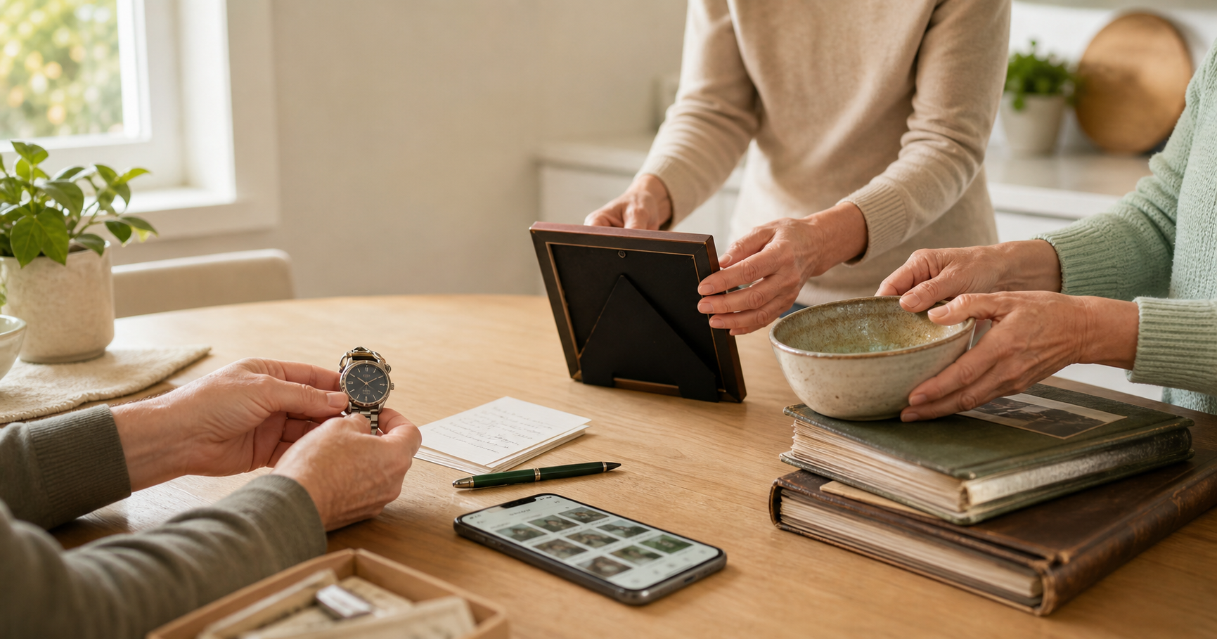 Family estate items arranged on a table with a phone inventory interface